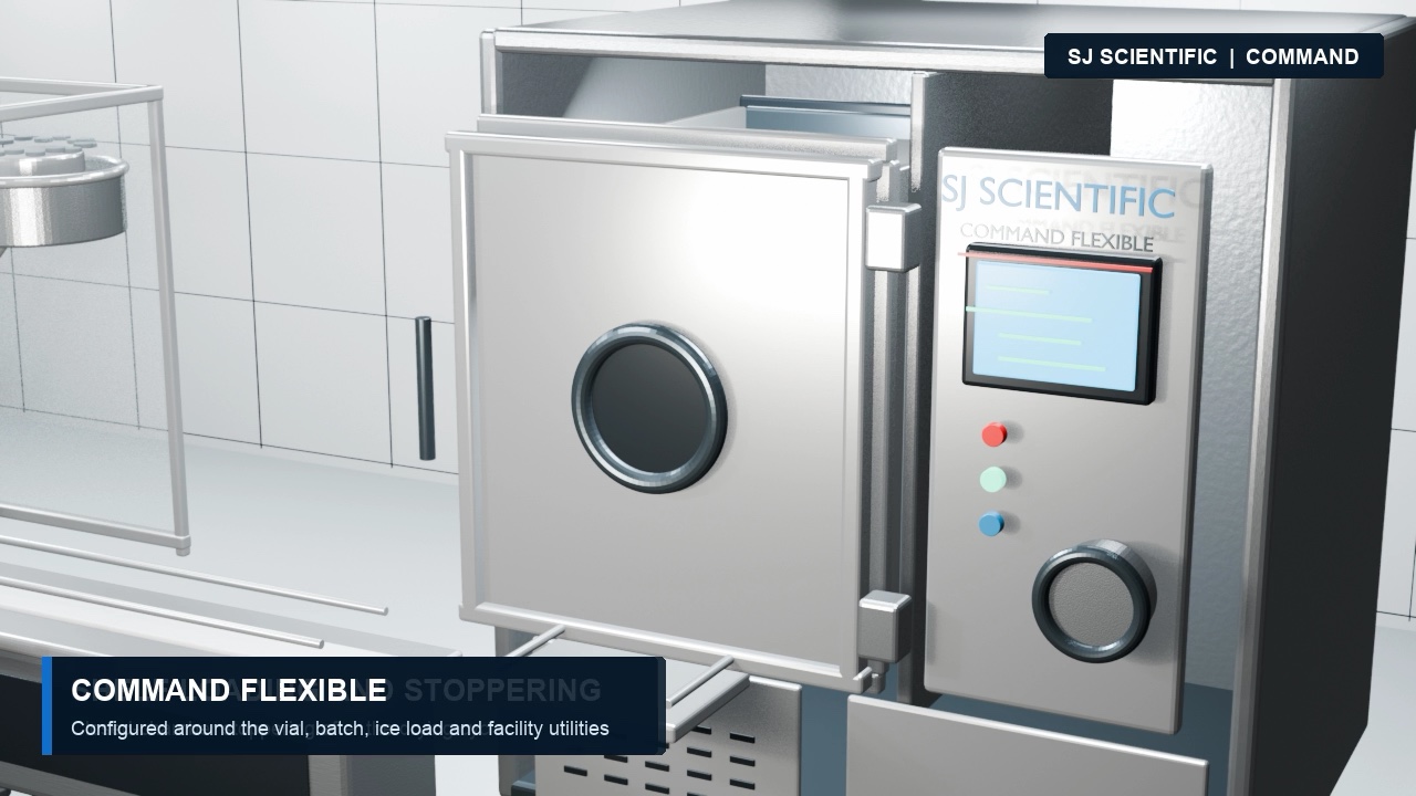Command Flexible 3D workflow concept with a vial handling line at left and pharmaceutical lyophilizer at right